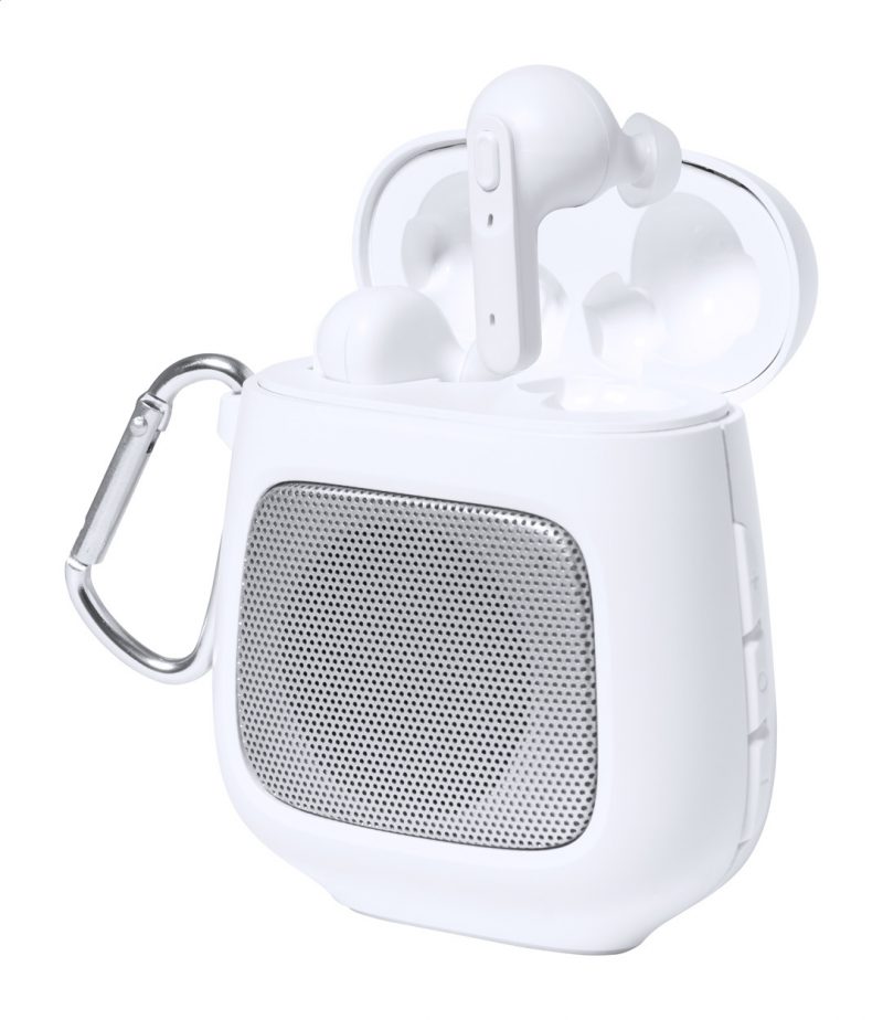 Boxy bluetooth speaker with earphones